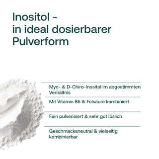 Inositol Pulver Infografik – Myo- & D-Chiro-Inositol, Vitamin B6, Folsäure, fein pulverisiert