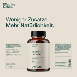 Effective Nature Vitamin C gepuffert, 240 Kapseln, 1000mg, braune Glasflasche, helles Etikett, Werbebild