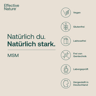Effective Nature MSM Infografik mit Siegeln: vegan, glutenfrei, laktosefrei, ohne Gentechnik, laborgeprüft, hergestellt...