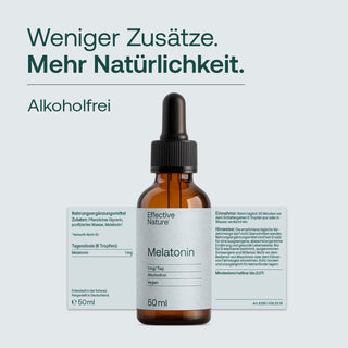 Effective Nature Melatonin Tropfen 50ml in brauner Glasflasche mit Pipette, Etikett: 1mg/Tag, Alkoholfrei, Vegan