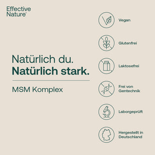 Effective Nature MSM Komplex Infografik mit Siegeln: vegan, glutenfrei, laktosefrei, gentechnikfrei, laborgeprüft,...