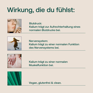 Infografik zu Kalium mit Fotos von Person, Händen und Pflanze sowie Text; vegan, glutenfrei & clean
