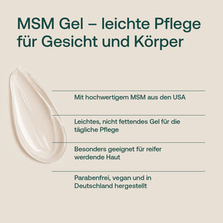 MSM Gel Infografik – leichtes Pflegegel für Gesicht und Körper, parabenfrei, vegan, hergestellt in Deutschland