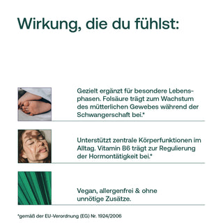 Infografik zu Folsäure und Vitamin B6 mit Texten, Fotos und Hinweis: vegan, allergenfrei, ohne Zusätze