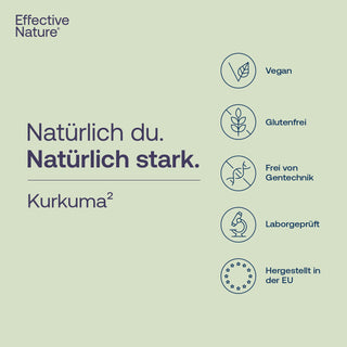 Effective Nature Kurkuma² Infografik mit Vegan-, Glutenfrei-, Gentechnikfrei- und Laborgeprüft-Siegel, hergestellt in der EU