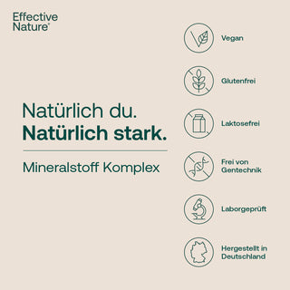 Effective Nature Mineralstoff Komplex Infografik mit Siegeln: Vegan, Glutenfrei, Laktosefrei, Gentechnikfrei,...