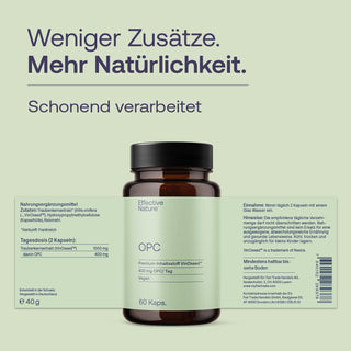 Effective Nature OPC Kapseln, braunes Glasfläschchen, hellgrünes Etikett, 400 mg OPC, VinOseed, vegan, 60 Kaps.