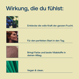 Infografik mit Text "Wirkung, die du fühlst" und vier Bildern: Früchte, Frau, Textur, Pflanze. Vegan & clean.