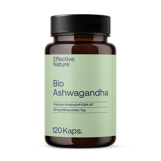 Effective Nature Bio Ashwagandha KSM-66, 120 Kapseln, braunes Glasfläschchen, mintgrünes Etikett