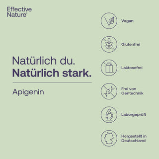 Effective Nature Apigenin Infografik mit Vegan-, Glutenfrei-, Laktosefrei- und Laborgeprüft-Siegeln, hergestellt in...