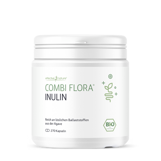 Effective Nature Combi Flora Inulin, 270 Kapseln, weißes Rundbehältnis, Bio-Siegel, Agave-Piktogramm