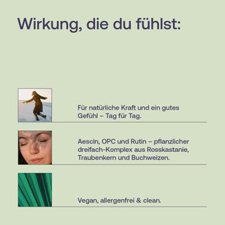 Infografik mit Text „Wirkung, die du fühlst" – Aescin, OPC, Rutin – vegan, allergenfrei, clean