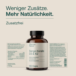 Effective Nature Sango Koralle D3 & K2 Kapseln, braune Glasflasche, 120 Kapseln, Etikett: zusatzfrei