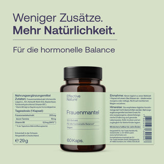 Effective Nature Frauenmantel Kapseln, braunes Glasfläschchen mit grünem Etikett, 60 Kaps., vegan, 10:1-Extrakt