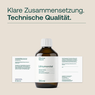 Effective Nature Lithiumorotat Lösung 250ml, Braunglasflasche mit weißem Deckel, Etikett mit Produktname und 0,5mg/ml Angabe
