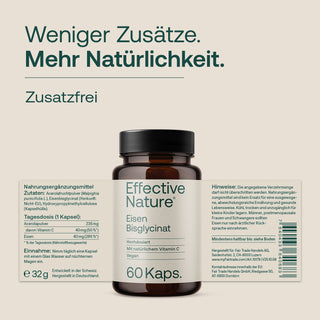 Effective Nature Eisen Bisglycinat Kapseln, braunes Glasfläschchen, 60 Kaps., Etikett mit Zutaten, vegan, 40mg