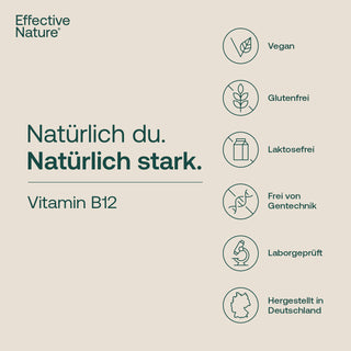 Effective Nature Vitamin B12 Infografik mit Siegeln: vegan, glutenfrei, laktosefrei, gentechnikfrei, laborgeprüft,...