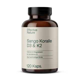 Effective Nature Sango Koralle D3 & K2 Kapseln, braune Glasflasche, beiges Etikett, 120 Kaps., Calcium & Magnesium 2:1