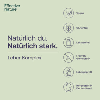 Effective Nature Leber Komplex Infografik mit Siegeln: vegan, glutenfrei, laktosefrei, ohne Gentechnik, laborgeprüft,...