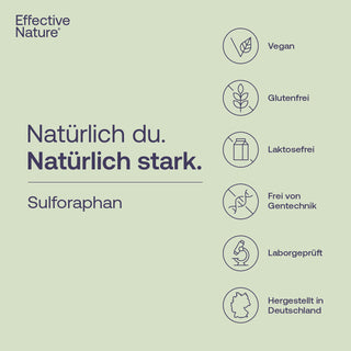 Effective Nature Sulforaphan Infografik mit Siegeln: vegan, glutenfrei, laktosefrei, gentechnikfrei, laborgeprüft,...