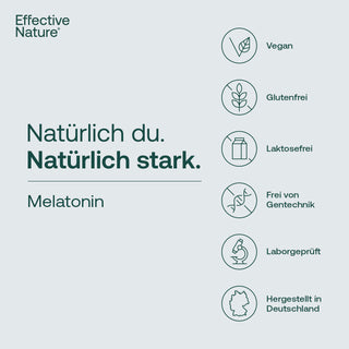 Effective Nature Melatonin Infografik mit Siegeln: vegan, glutenfrei, laktosefrei, ohne Gentechnik, laborgeprüft, Made in...