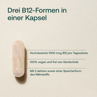 Infografik: Vitamin-B12-Kapsel in Beige mit Text „Drei B12-Formen in einer Kapsel", 1000 mcg, vegan
