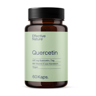 Effective Nature Quercetin Kapseln, braunes Glasfläschchen, mintgrünes Etikett, 447 mg, Vitamin C, vegan, 60 Kapseln