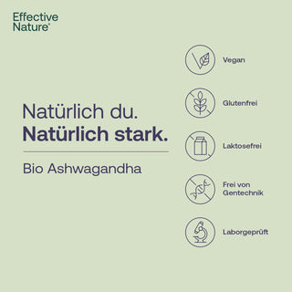 Infografik Bio Ashwagandha von Effective Nature mit Siegeln: Vegan, Glutenfrei, Laktosefrei, Frei von Gentechnik,...
