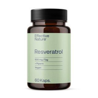 Effective Nature Resveratrol Kapseln, braunes Glasfläschchen, mintgrünes Etikett, 500 mg, Piperin, vegan, 60 Kapseln