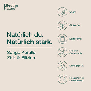 Effective Nature Infografik: Sango Koralle, Zink & Silizium – vegan, glutenfrei, laktosefrei, laborgeprüft, hergestellt...