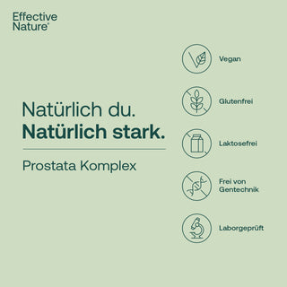 Effective Nature Prostata Komplex – Infografik mit Siegeln: vegan, glutenfrei, laktosefrei, ohne Gentechnik, laborgeprüft