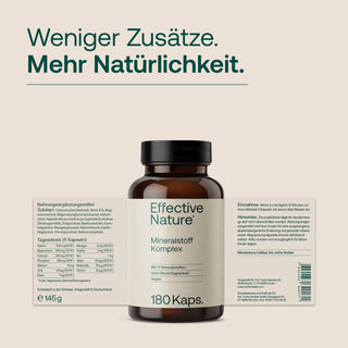 Effective Nature Mineralstoff Komplex, 180 Kapseln, braune Glasflasche, helles Etikett, vegan, 13 Mineralstoffe