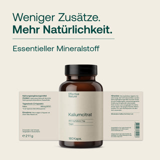 Effective Nature Kaliumcitrat 180 Kapseln in brauner Glasflasche, 800 mg Kalium pro Tag, vegan, Etikett mit Produktinfos