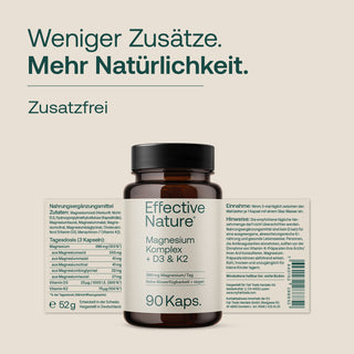 Effective Nature Magnesium Komplex D3 K2 Kapseln, 90 Kapseln im braunen Glastiegel, Etikett mit Nährwertangaben