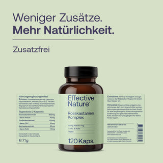 Effective Nature Rosskastanien Komplex, 120 Kapseln, braune Glasflasche, Etikett mit Aescin, OPC, Rutin, vegan