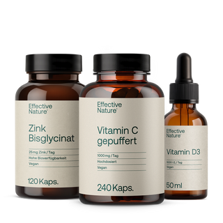Effective Nature Nahrungsergänzungsmittel Set: Zink Bisglycinat, Vitamin C gepuffert und Vitamin D3 in braunen...