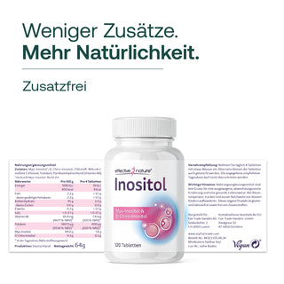 Effective Nature Inositol Tabletten, 120 Stück, weiße Flasche, Etikett mit Myo-Inositol & D-Chiro-Inositol, Vegan-Siegel