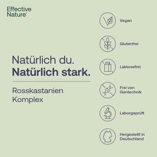 Infografik Effective Nature Rosskastanien Komplex mit Siegeln: vegan, glutenfrei, laktosefrei, gentechnikfrei,...