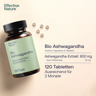 Effective Nature Bio Ashwagandha KSM-66, 120 Tabletten in brauner Glasflasche mit mintgrünem Etikett