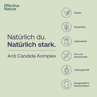 Effective Nature Anti Candida Komplex Infografik mit Siegeln: vegan, glutenfrei, laktosefrei, gentechnikfrei,...