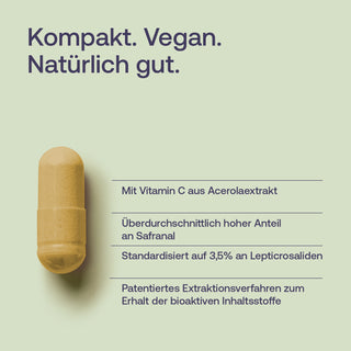 Vegane Kapsel in Goldbraun auf hellgrünem Hintergrund, Infografik mit Text zu Safranal, Acerolaextrakt und Lepticrosal