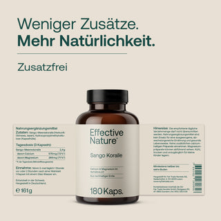 Effective Nature Sango Koralle 180 Kapseln, braune Glasflasche, cremefarbenes Etikett, Aufschrift Zusatzfrei