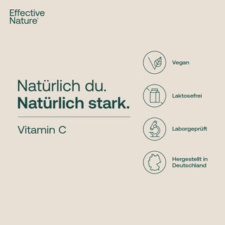 Effective Nature Vitamin C Infografik – vegan, laktosefrei, laborgeprüft, hergestellt in Deutschland