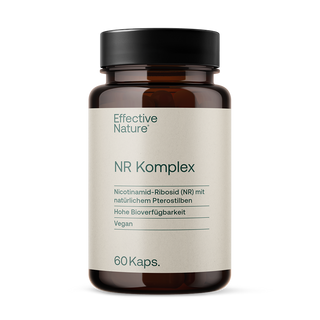 Effective Nature NR Komplex Kapseln, braunes Glasfläschchen, Etikett mit Nicotinamid-Ribosid, Pterostilben, vegan, 60 Kaps.