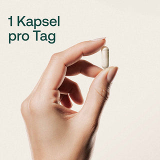 Hand hält eine einzelne transparente Kapsel, Text: 1 Kapsel pro Tag