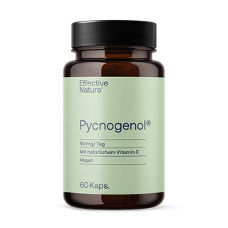 Effective Nature Pycnogenol Kapseln, braunes Glasfläschchen, mintgrünes Etikett, 50 mg, 60 Kapseln, vegan, mit Vitamin C