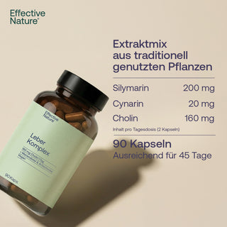 Effective Nature Leber Komplex, 90 Kapseln, braunes Glasfläschchen mit hellgrünem Etikett, Infografik mit Silymarin,...
