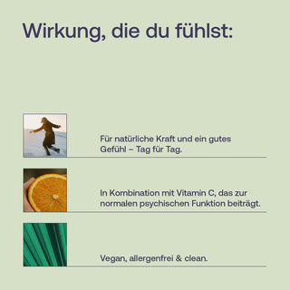 Infografik mit Text "Wirkung, die du fühlst", Fotos von Person, Orange und Blatt, Hinweis auf Vitamin C, vegan & allergenfrei