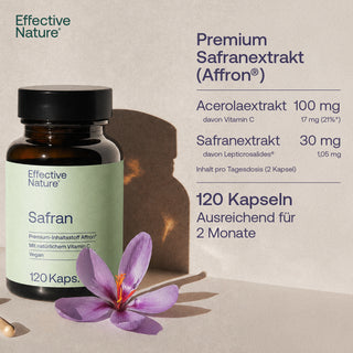 Effective Nature Safran Kapseln, Braunglasflasche mit grünem Etikett, 120 Kapseln, Affron®, vegan, mit Krokusblüte