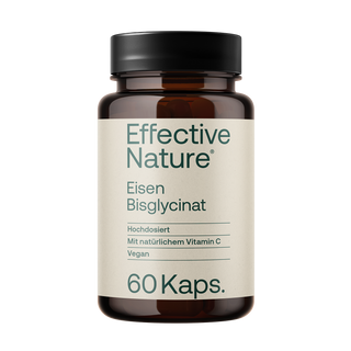 Effective Nature Eisen Bisglycinat, 60 Kapseln, braunes Glasfläschchen, cremefarbenes Etikett, vegan, mit Vitamin C